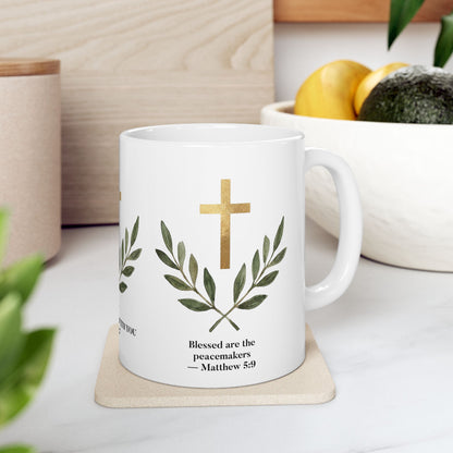 Peace in Christ Bible Verse Mug, Christian Cross & Olive Branch Mug