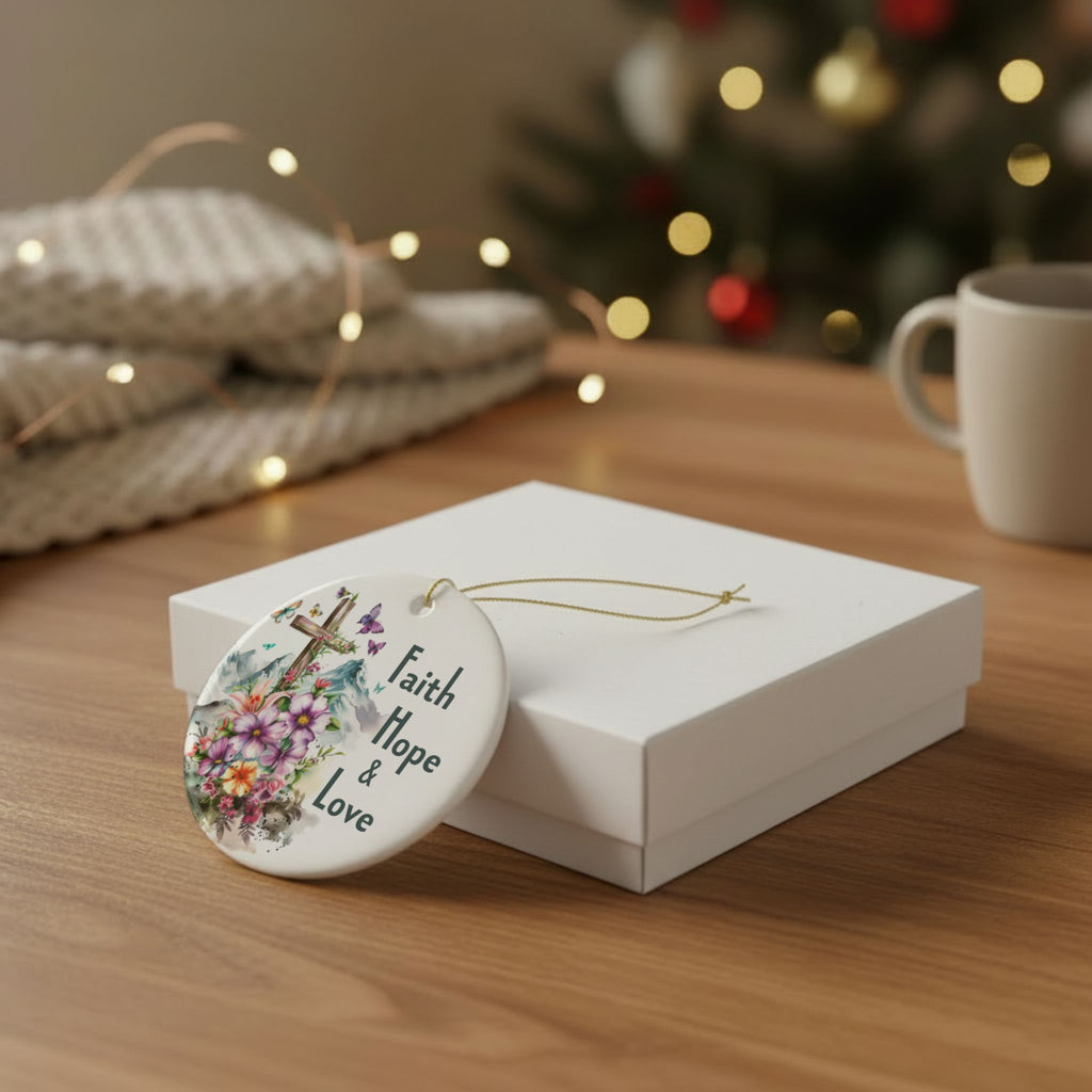 Faith Hope & Love Ornament, Inspirational Cross & Floral Design