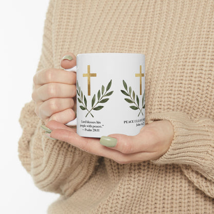Peace in Christ Bible Verse Mug, Christian Cross & Olive Branch Mug