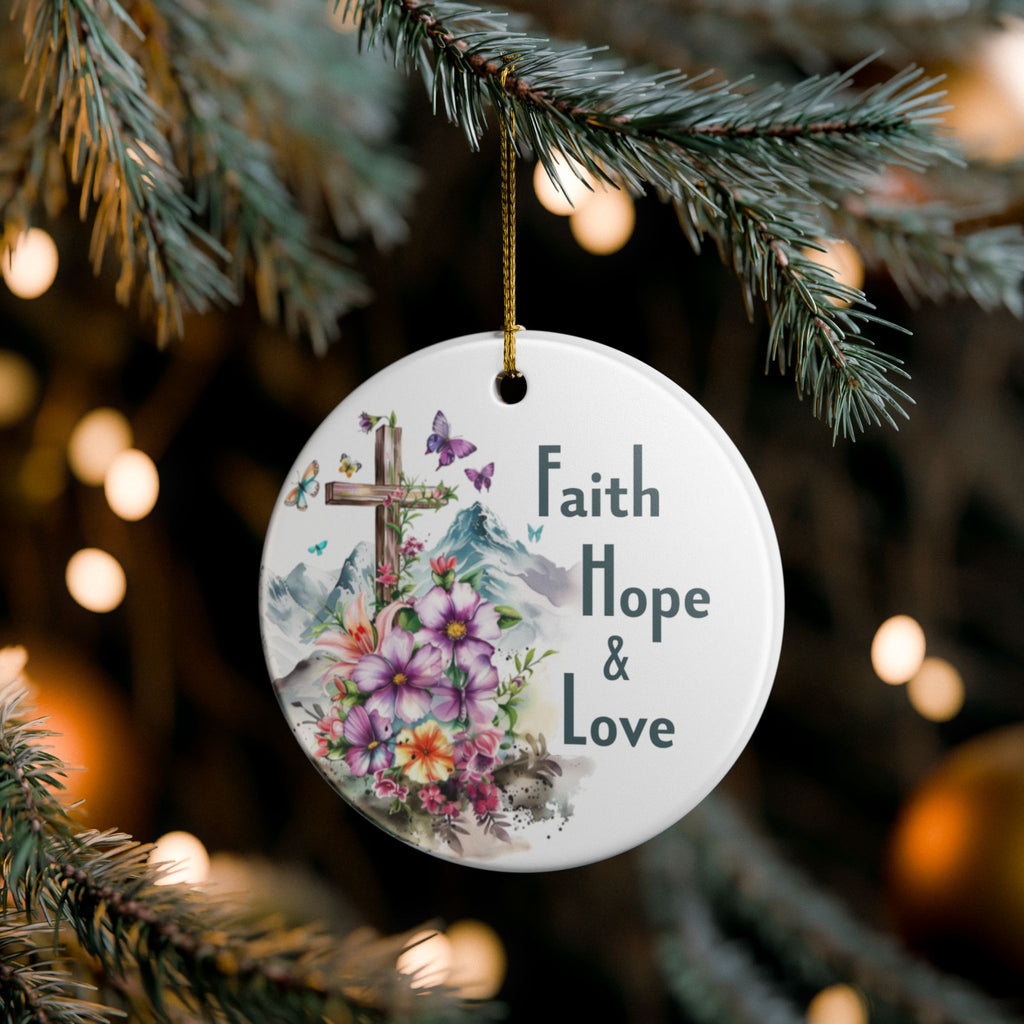 Faith Hope & Love Ornament, Inspirational Cross & Floral Design