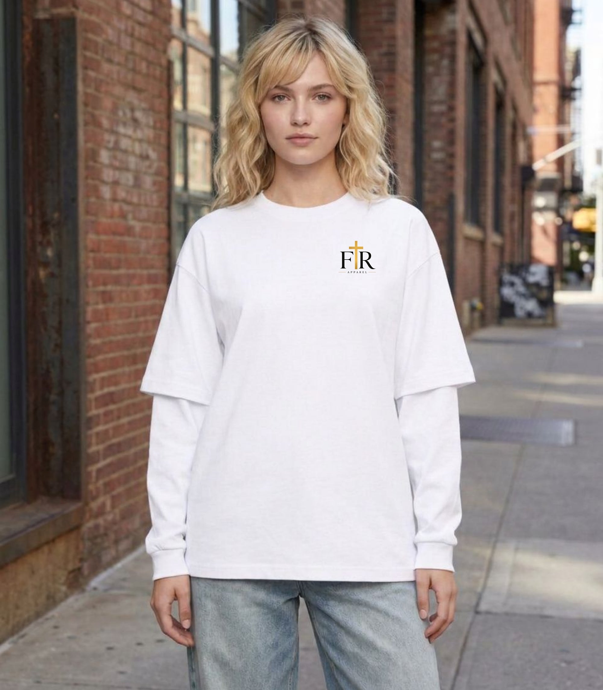 Faith Real Apparel Monogram Layered Oversized T-Shirt, Minimalist Christian Logo Tee