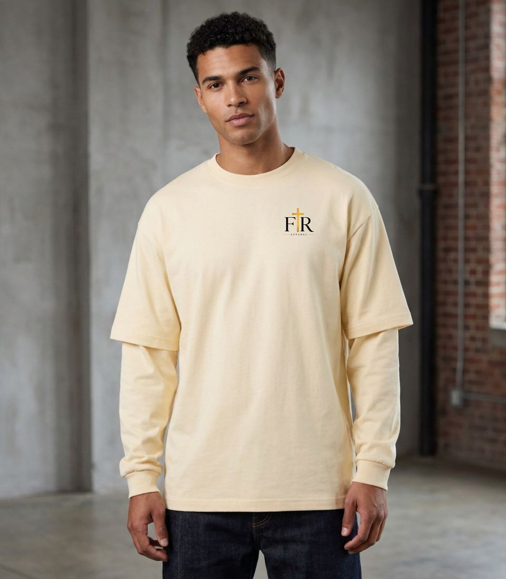 Faith Real Apparel Monogram Layered Oversized T-Shirt, Minimalist Christian Logo Tee