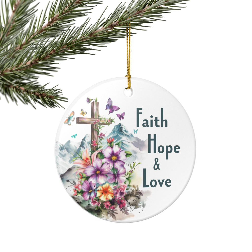 Faith Hope & Love Ornament, Inspirational Cross & Floral Design