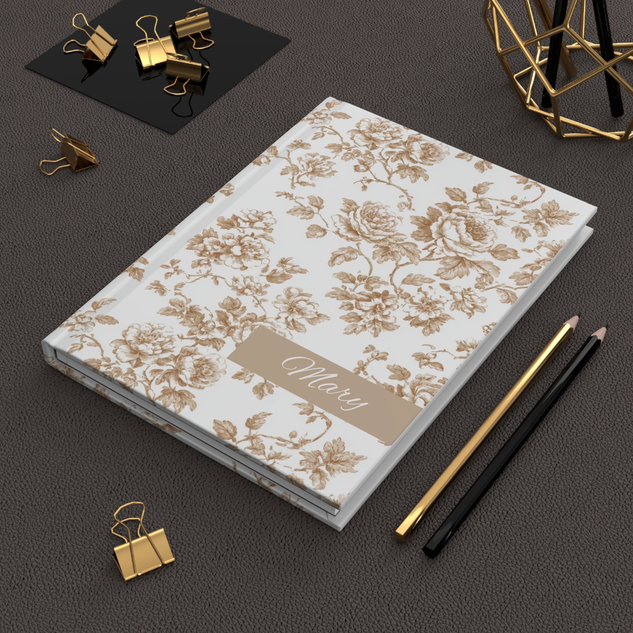 Personalized Champagne Toile de Jouy Floral Journal, Elegant Vintage Floral Notebook