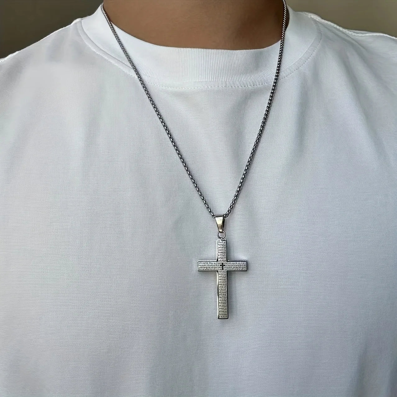 Lord's Prayer Engraved Cross Necklace, Christian Cross Pendant with Scripture