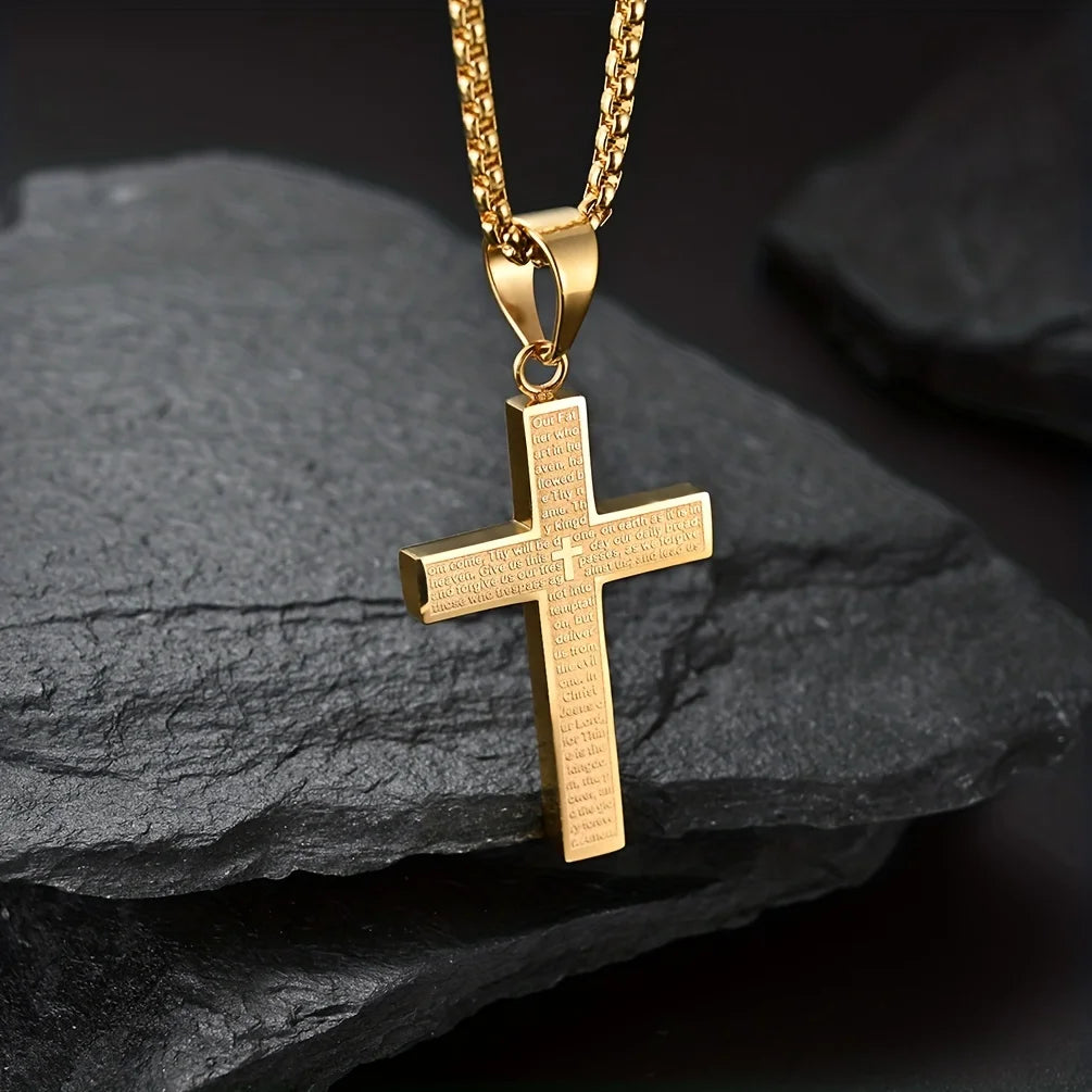 Lord's Prayer Engraved Cross Necklace, Christian Cross Pendant with Scripture