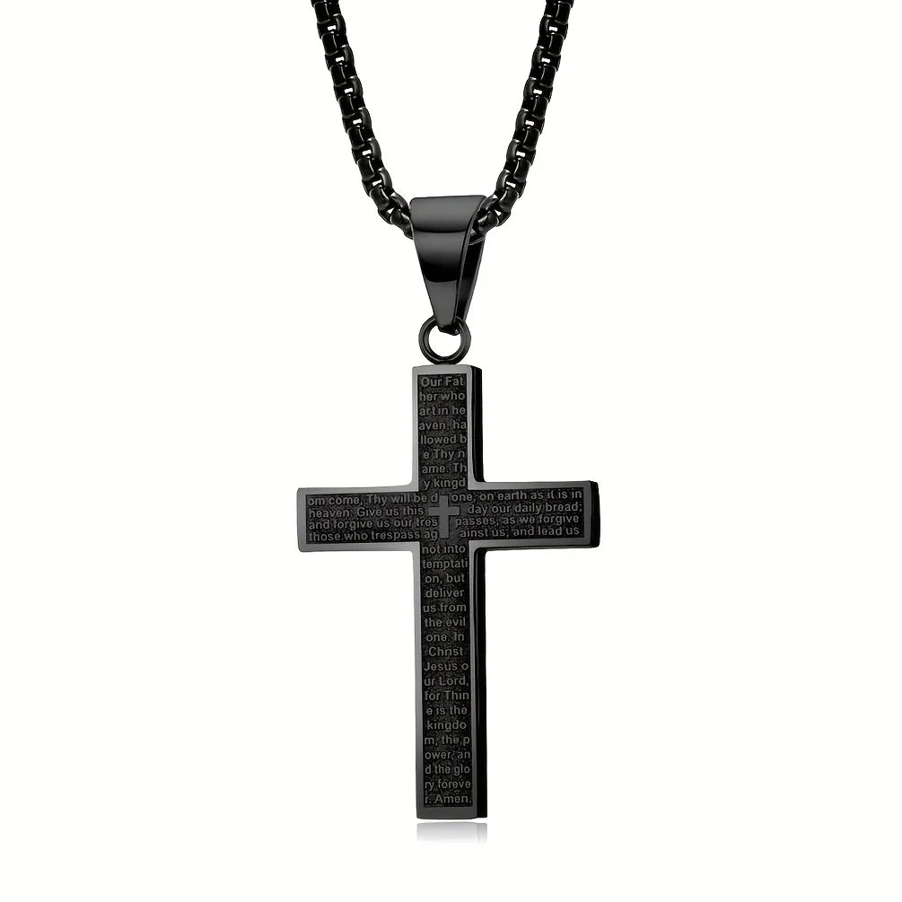 Lord's Prayer Engraved Cross Necklace, Christian Cross Pendant with Scripture