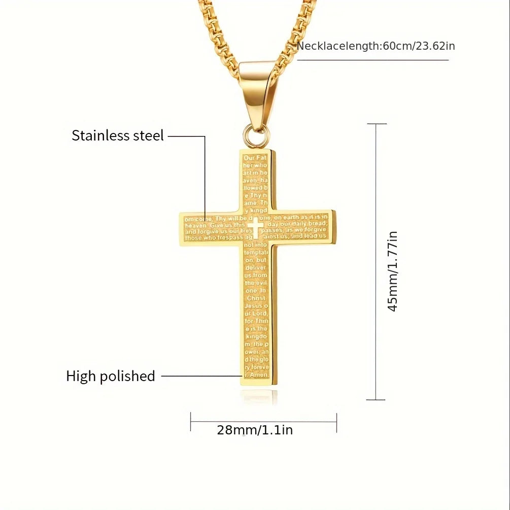 Lord's Prayer Engraved Cross Necklace, Christian Cross Pendant with Scripture