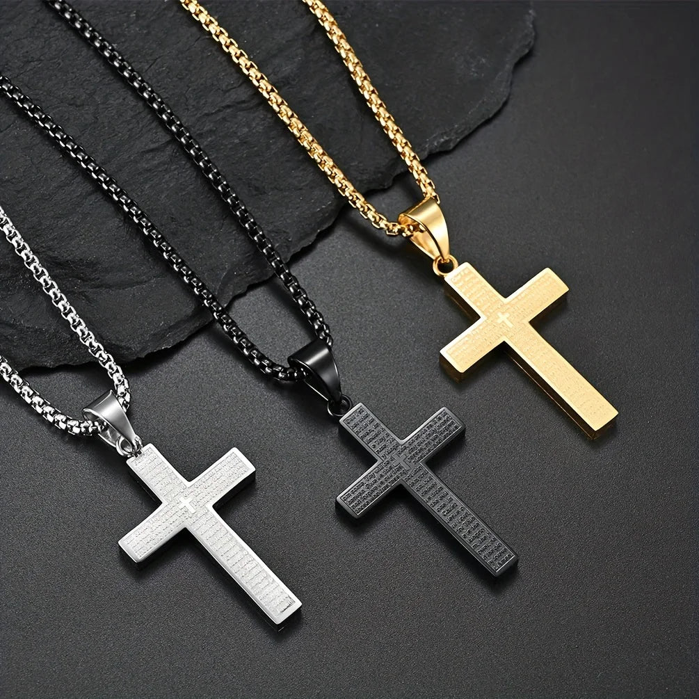 Lord's Prayer Engraved Cross Necklace, Christian Cross Pendant with Scripture