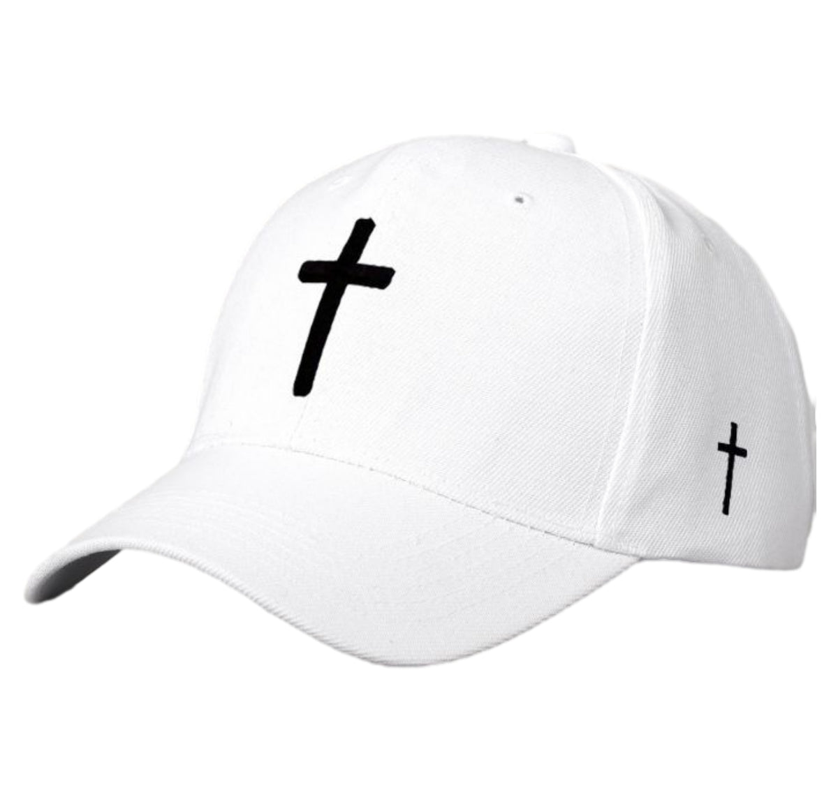 A white baseball cap featuring a black embroidered cross on the front panel and a smaller matching cross on the side, shown against a plain white background.
