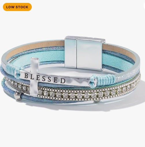 Blessed Cross Leather Bracelet, Christian Faith Wrap Bracelet