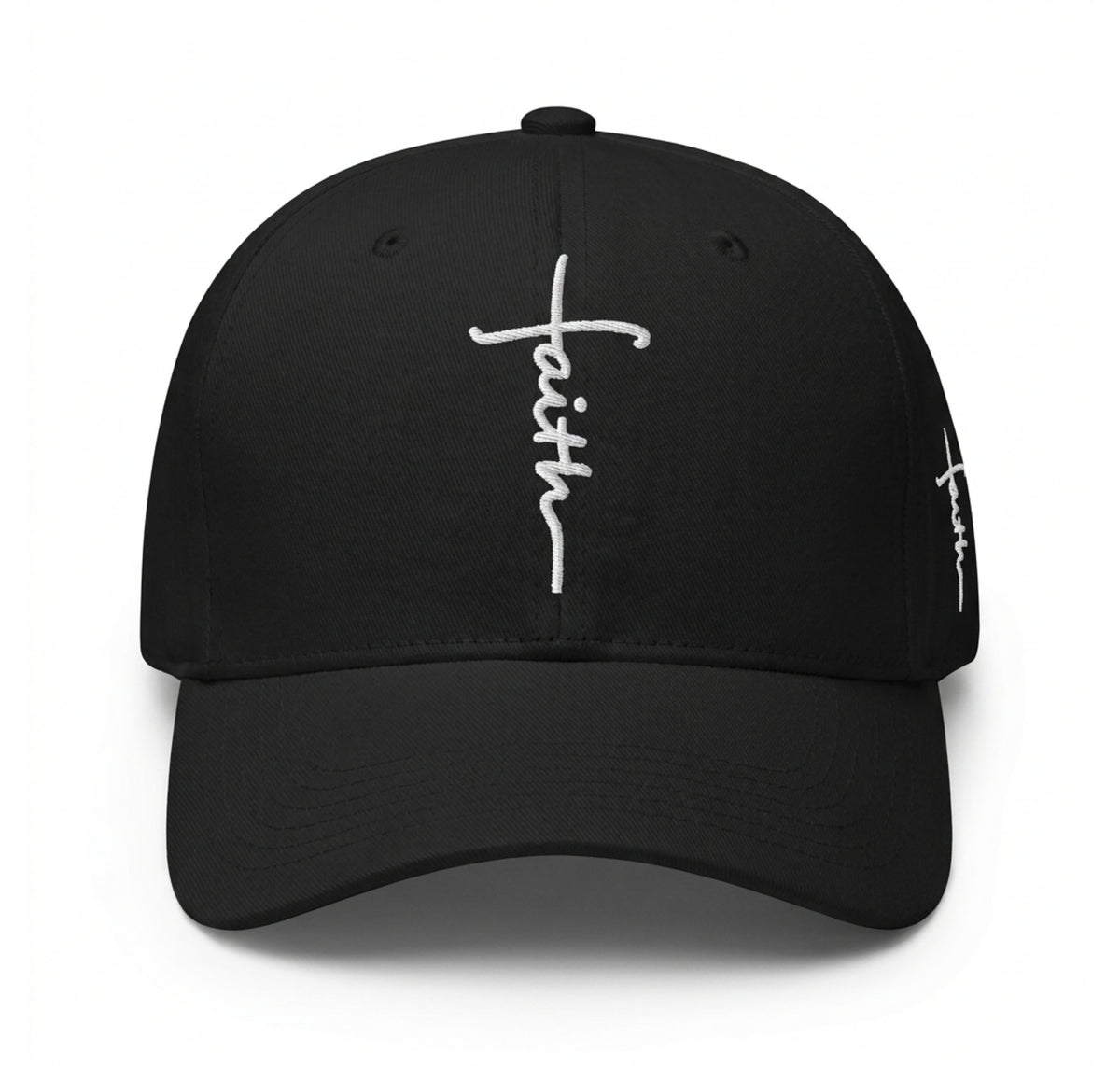 A black baseball cap featuring a white embroidered cross integrated with the word 'faith' on the front, with a matching white script embroidery on the side, set against a plain white background.
