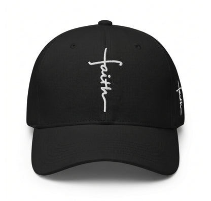 A black baseball cap featuring a white embroidered cross integrated with the word 'faith' on the front, with a matching white script embroidery on the side, set against a plain white background.
