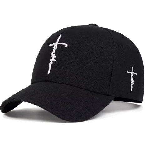 Black cap with white embroidered text on a white background