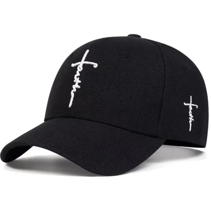 Black cap with white embroidered text on a white background