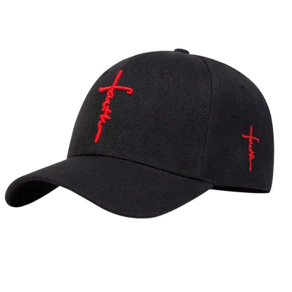A black baseball cap featuring red embroidered crosses with stylized text on the front and side, set against a plain white background.