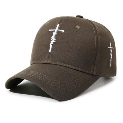 A dark brown baseball cap with white embroidered cross logos on the front and side, displayed on a clean white background.