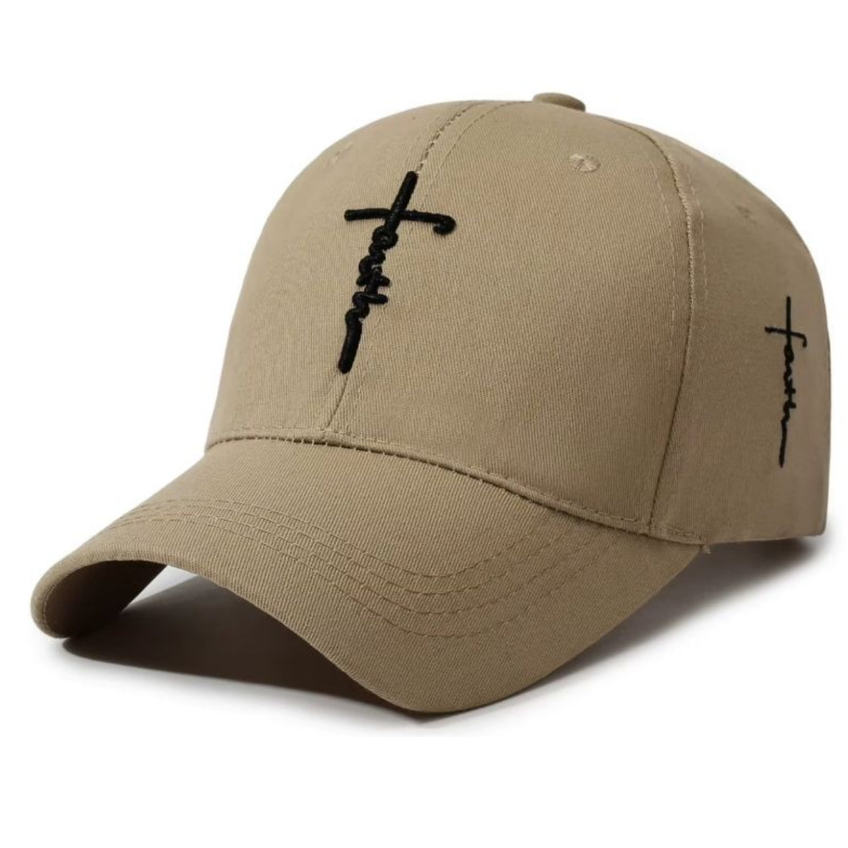 A khaki baseball cap with black embroidered crosses on the front and side, shown on a plain white background.