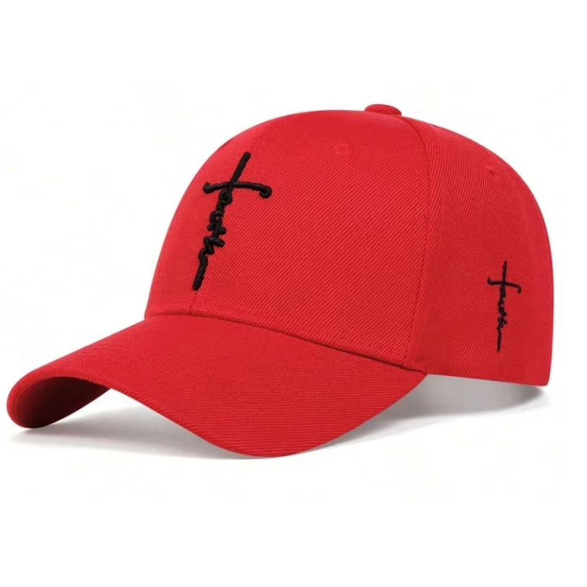 A red baseball cap with black embroidered crosses on the front and side, shown against a plain white background.