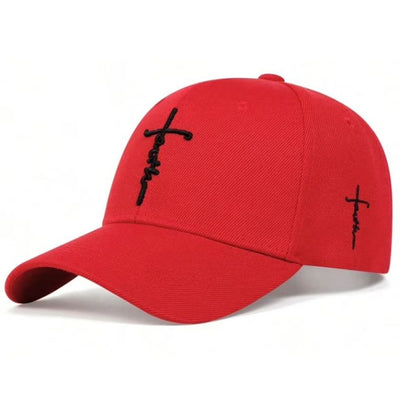 A red baseball cap with black embroidered crosses on the front and side, shown against a plain white background.