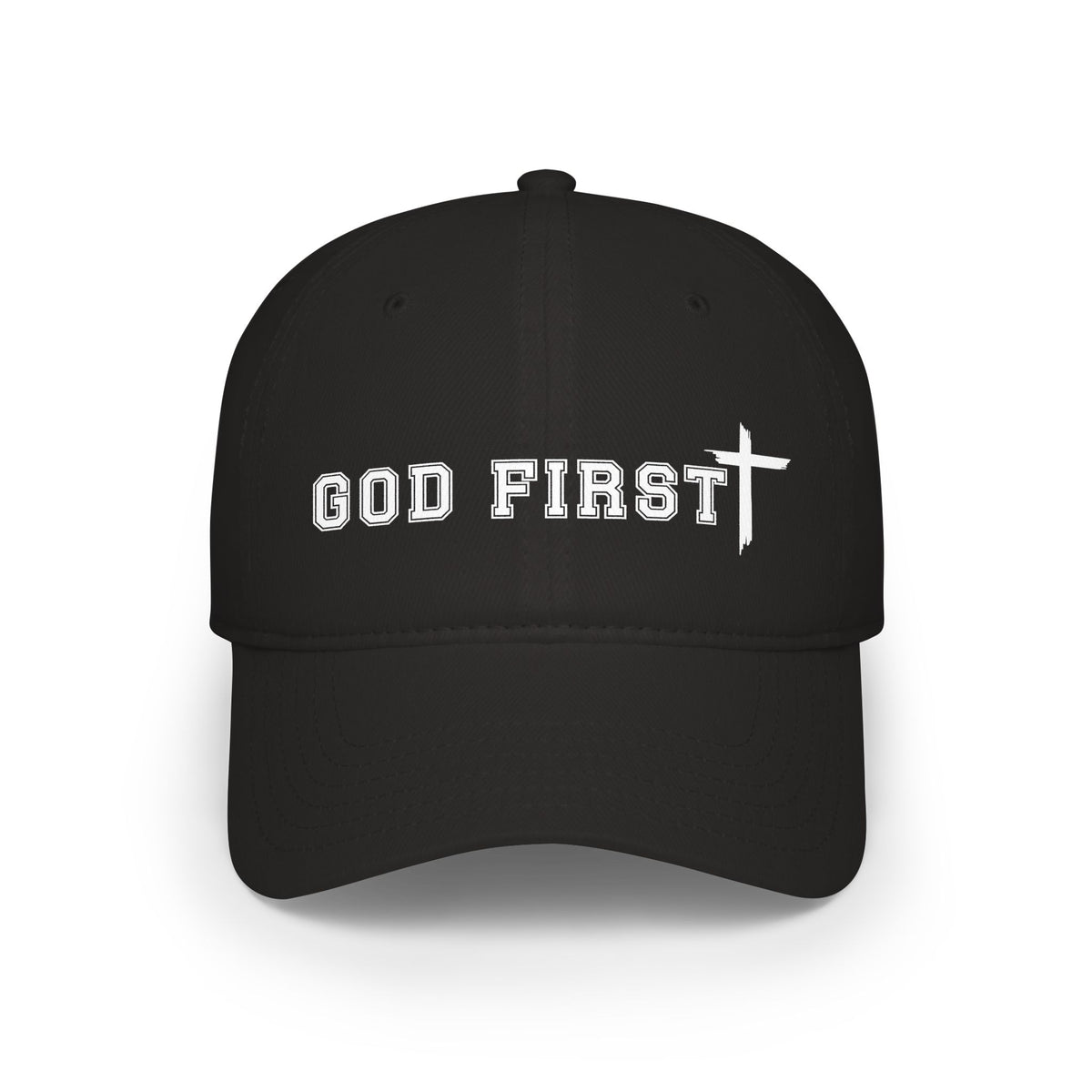A black baseball cap with 'GOD FIRST' and a cross embroidered in white on the front, shown against a plain white background.