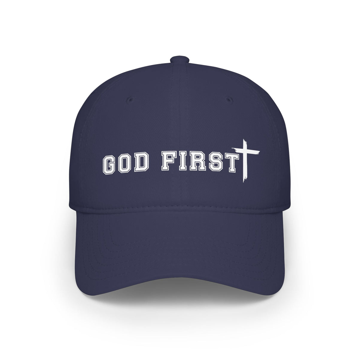 A black baseball cap with 'GOD FIRST' and a cross embroidered in white on the front, shown against a plain white background.