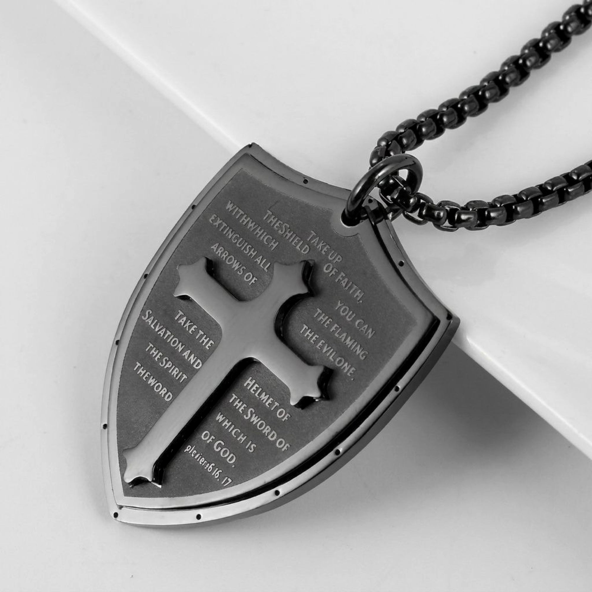 Shield Armor of God Stainless Steel Cross Pendant Necklace