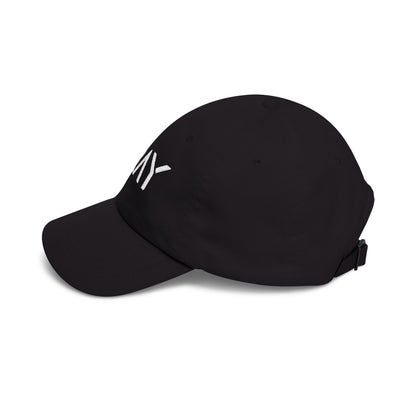 Black cap with white text on a white background