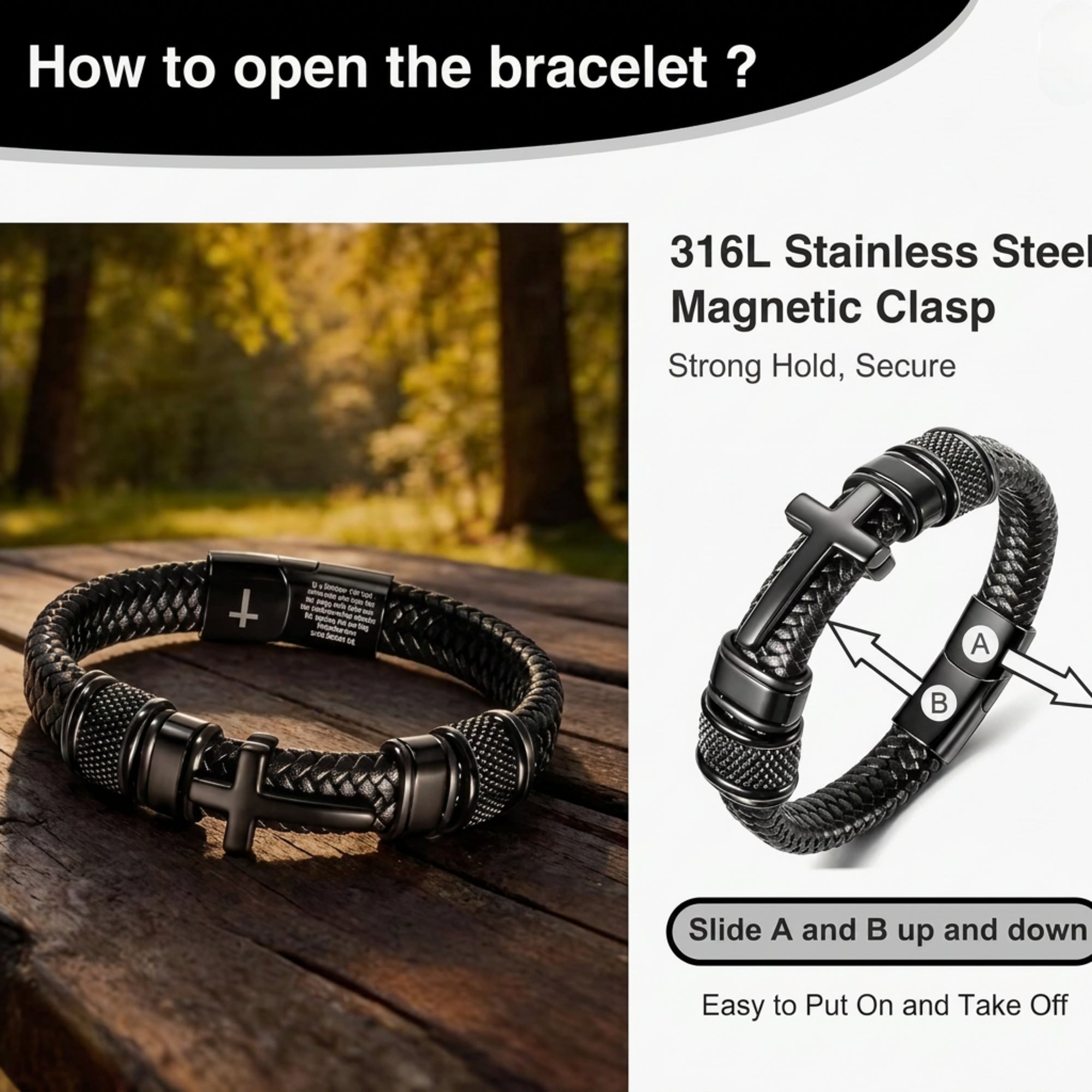 Men's Cross Bracelet, Philippians 4:13 Christian Braided Leather Bracelet