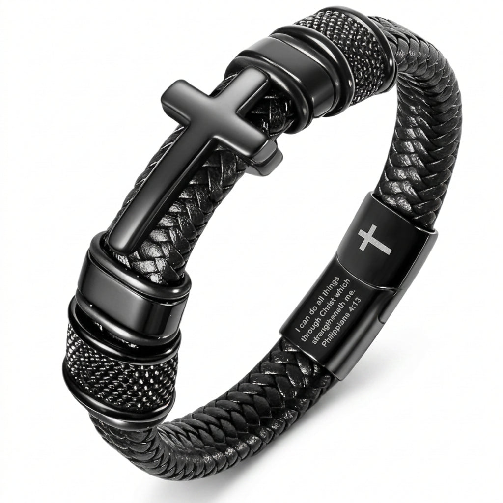 Men's Cross Bracelet, Philippians 4:13 Christian Braided Leather Bracelet