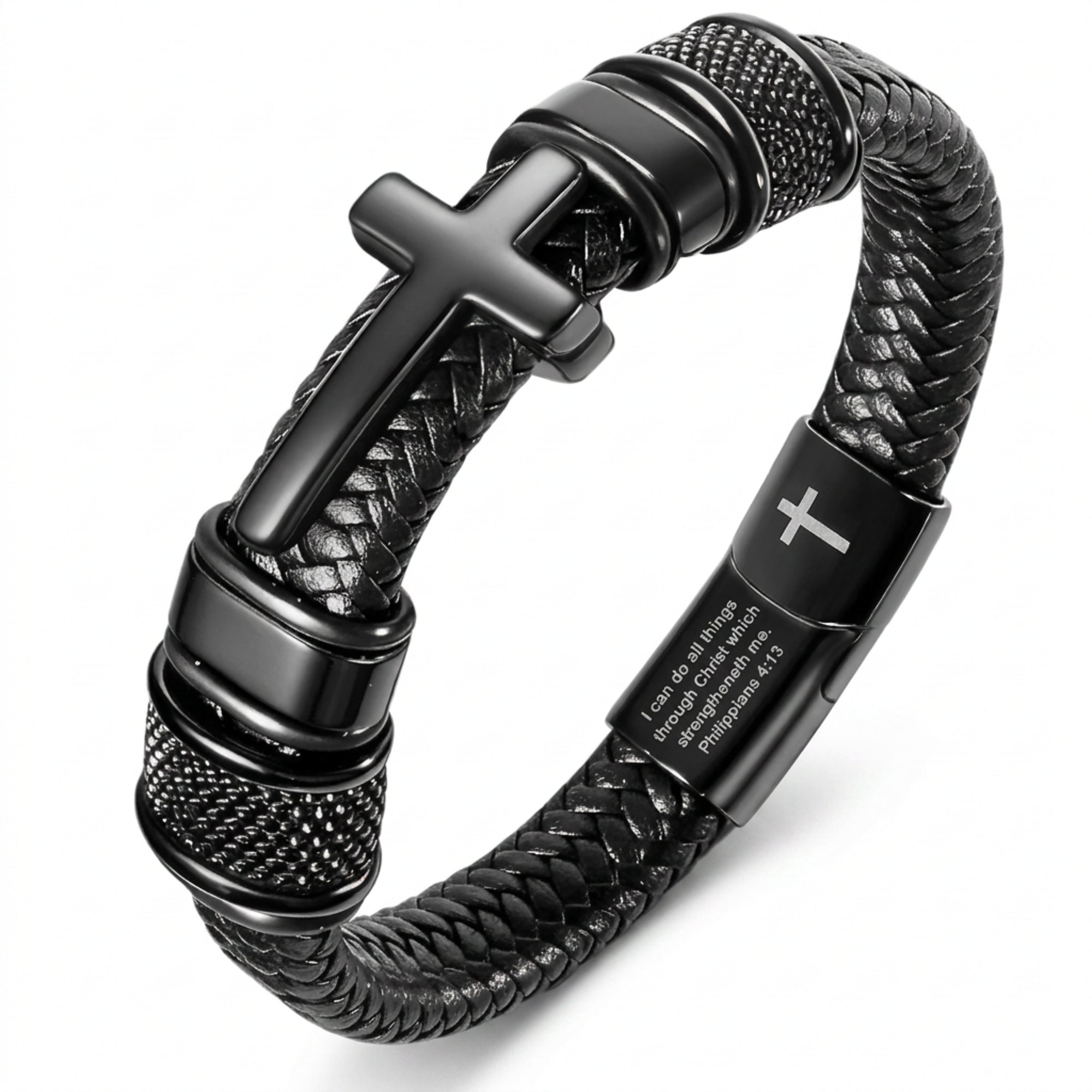 Men's Cross Bracelet, Philippians 4:13 Christian Braided Leather Bracelet