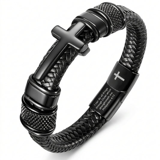Men's Cross Bracelet, Philippians 4:13 Christian Braided Leather Bracelet