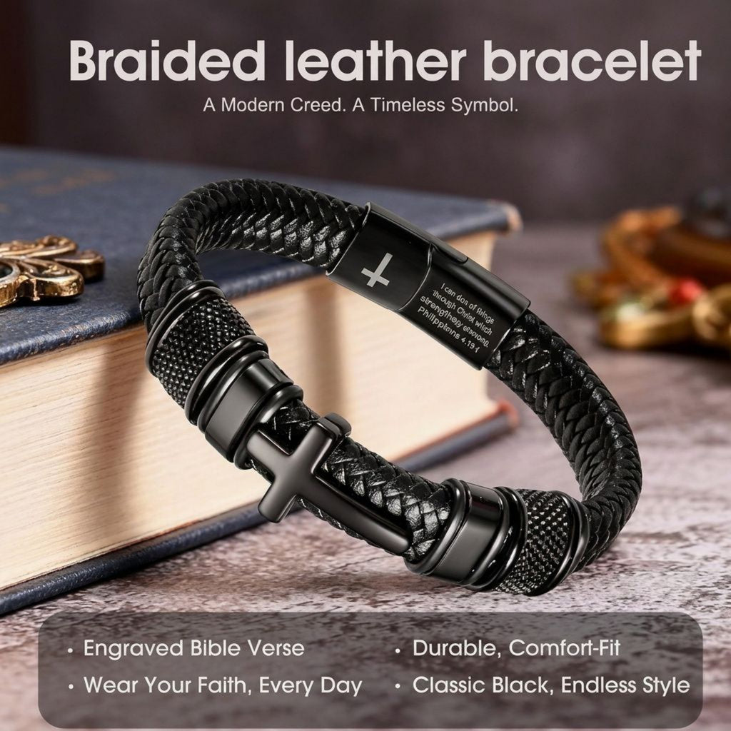 Men's Cross Bracelet, Philippians 4:13 Christian Braided Leather Bracelet