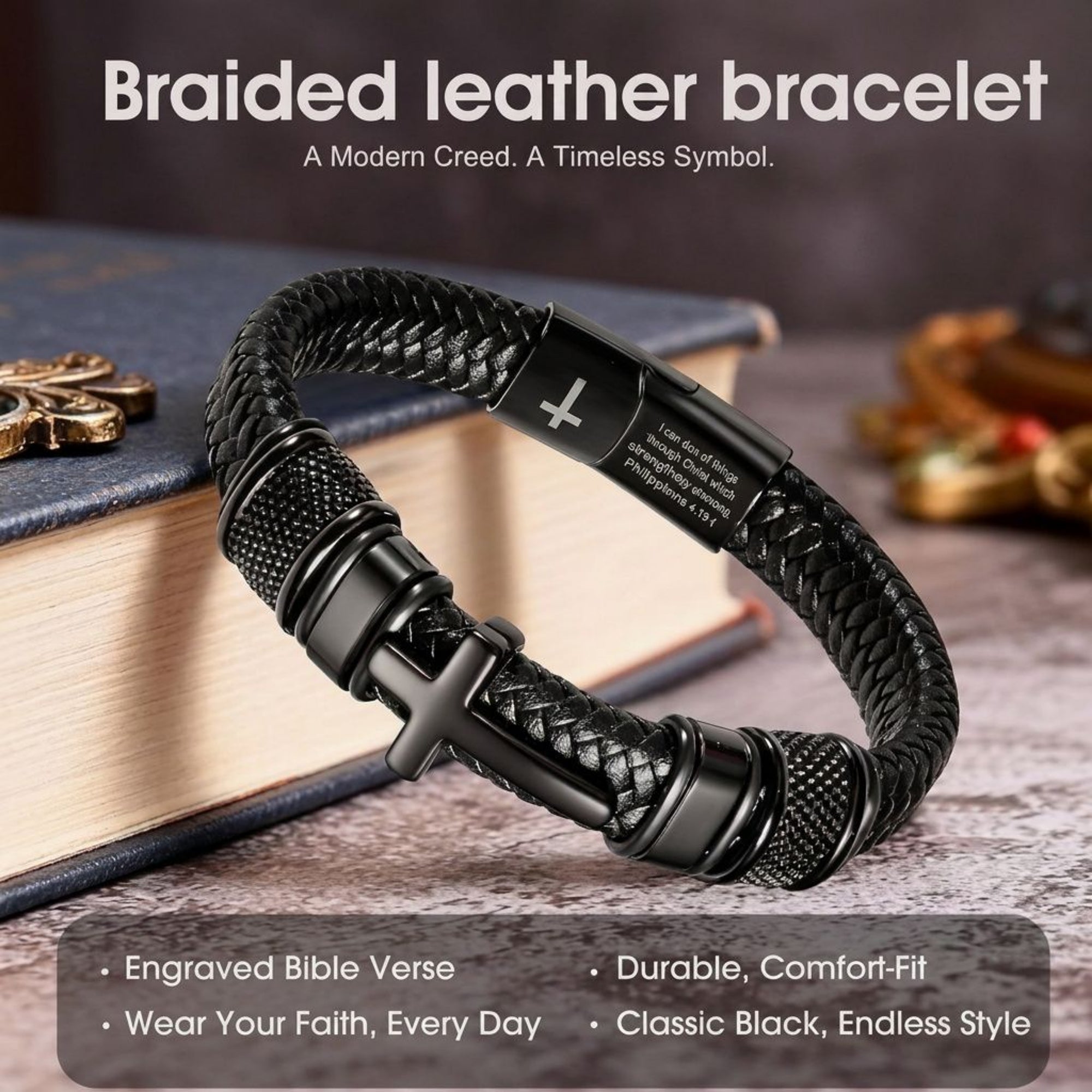 Men's Cross Bracelet, Philippians 4:13 Christian Braided Leather Bracelet