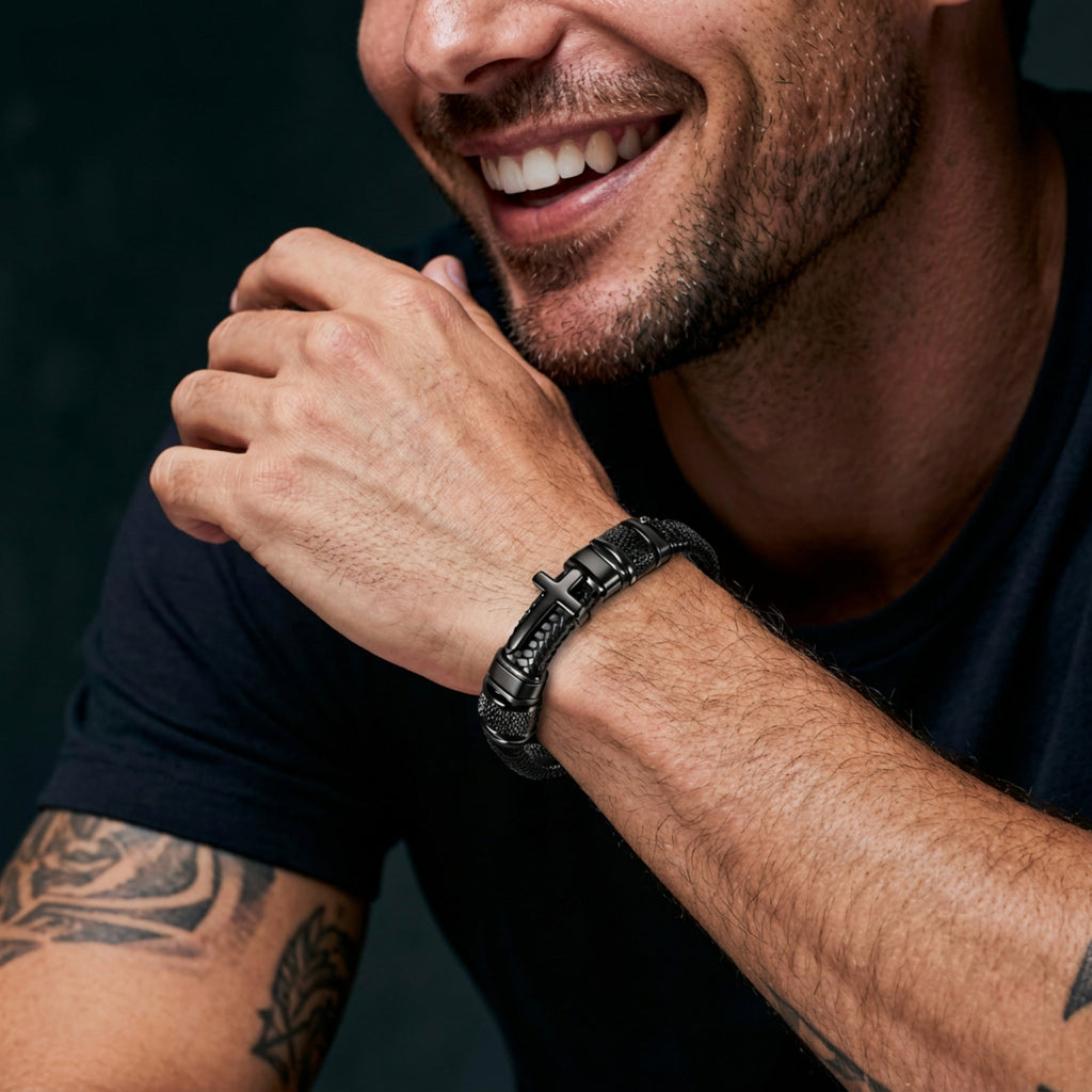 Men's Cross Bracelet, Philippians 4:13 Christian Braided Leather Bracelet