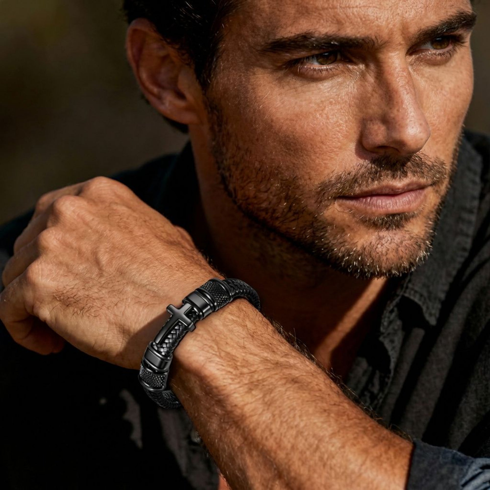 Men's Cross Bracelet, Philippians 4:13 Christian Braided Leather Bracelet