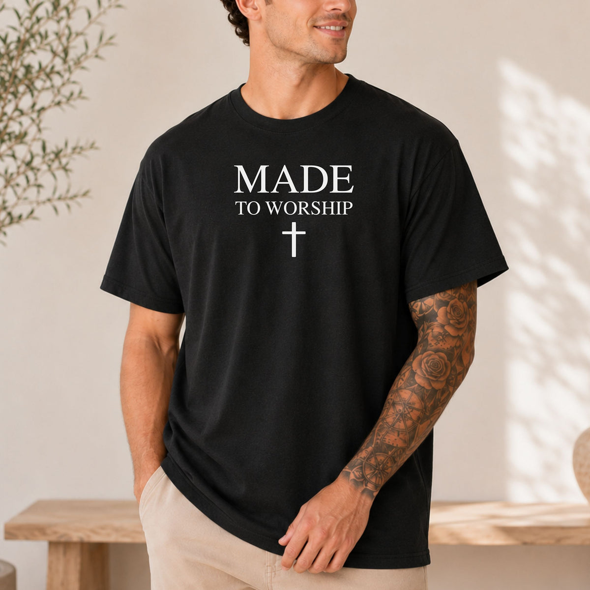 Made to Worship Christian Cross T-Shirt, Psalm 95:1
