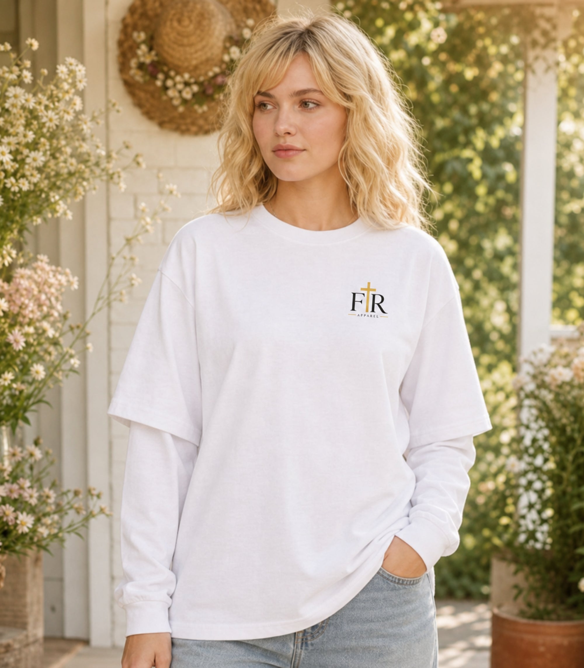 Faith Real Apparel Monogram Layered Oversized T-Shirt, Minimalist Christian Logo Tee