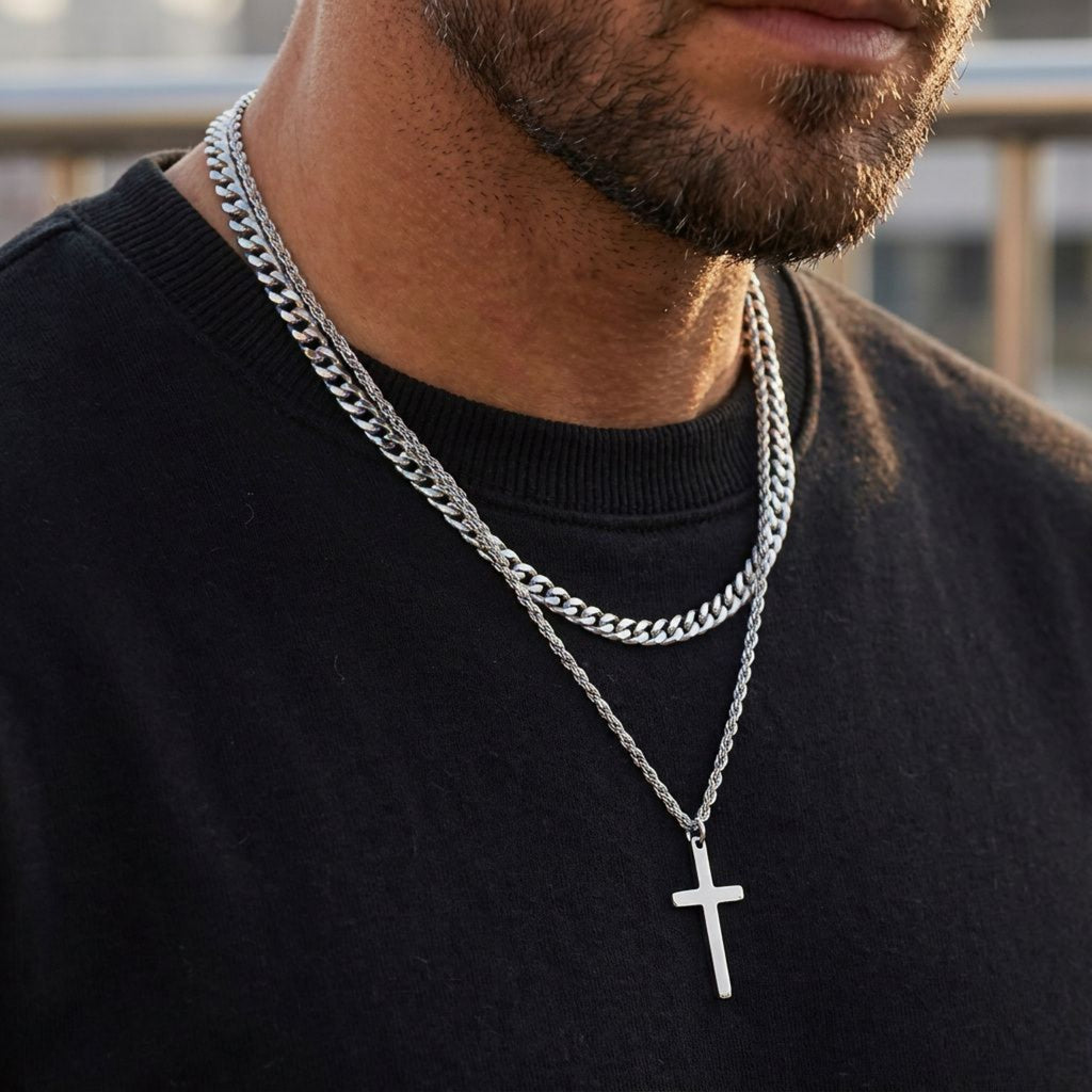 Men's Stainless Steel Layered Cross Necklace