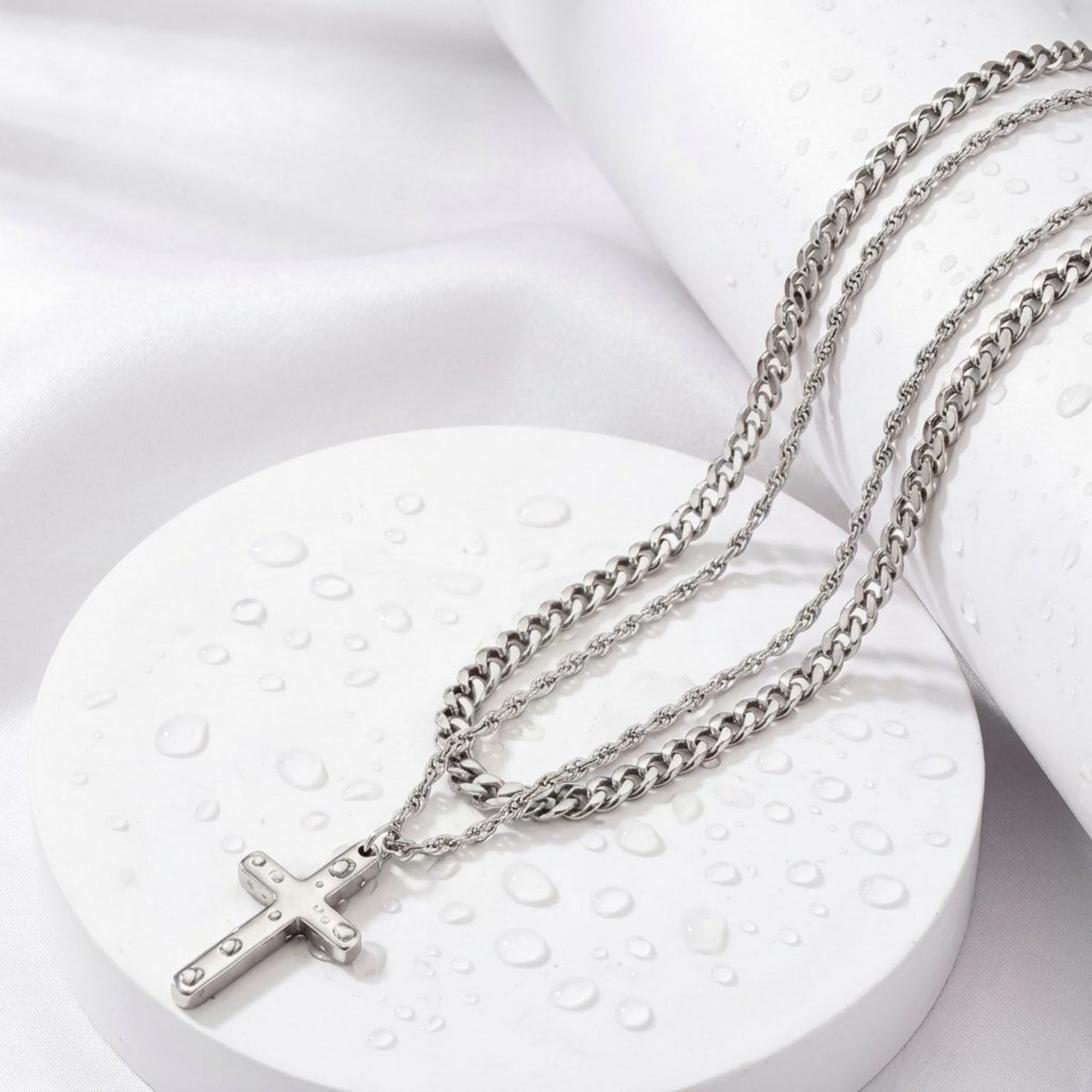 Men's Stainless Steel Layered Cross Necklace