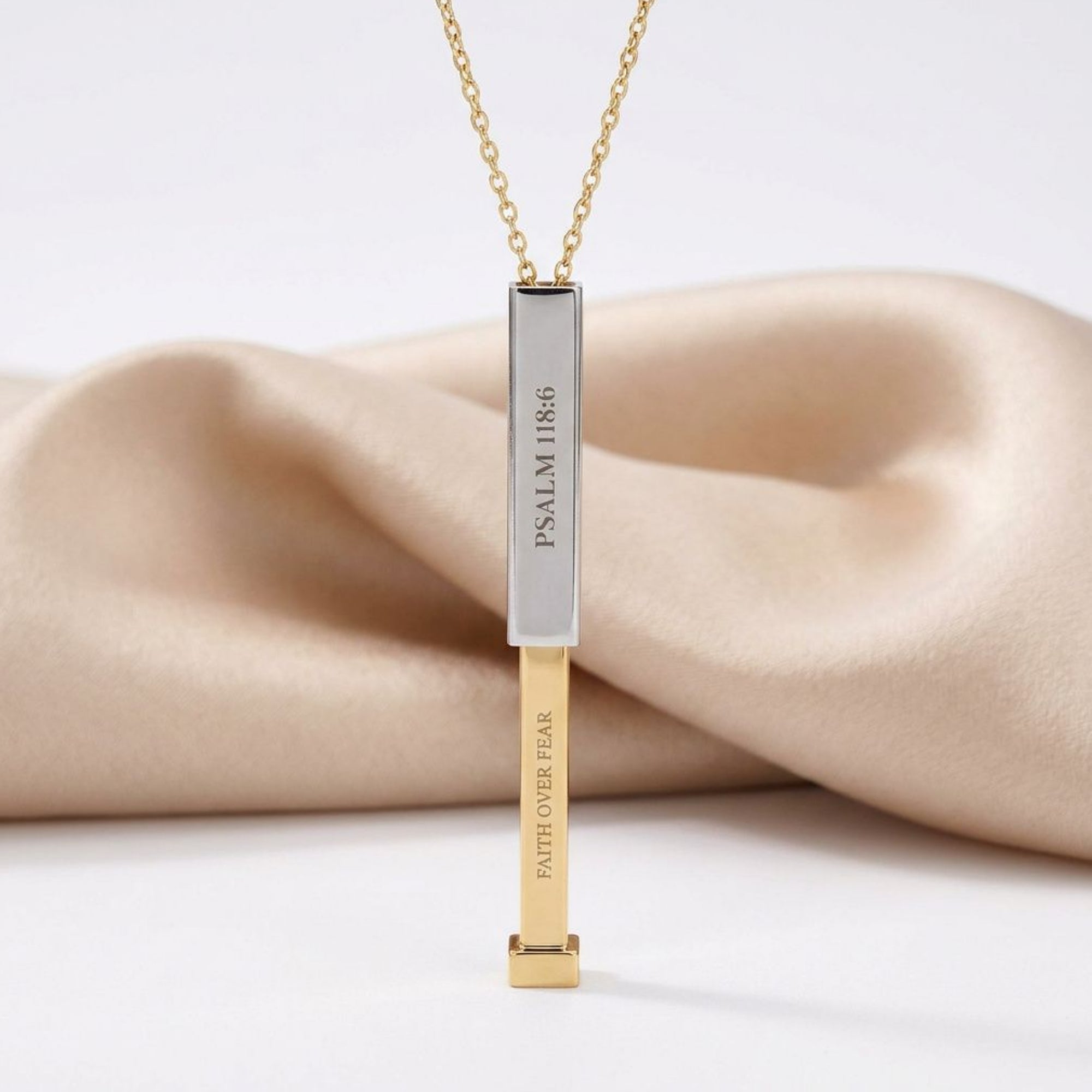 Faith Over Fear Hidden Engraved Message Sliding Blank Bar Necklace