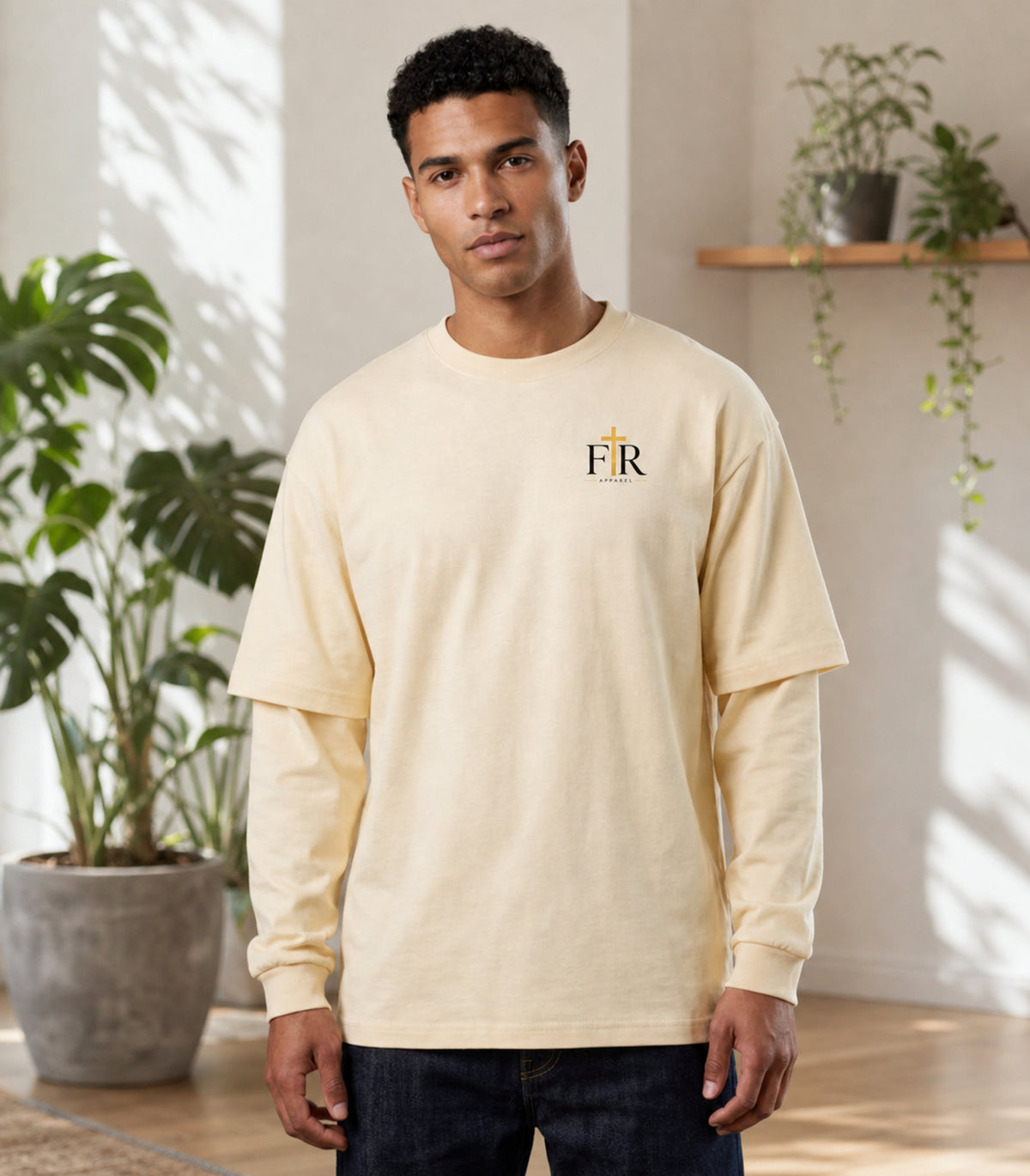 Faith Real Apparel Monogram Layered Oversized T-Shirt, Minimalist Christian Logo Tee