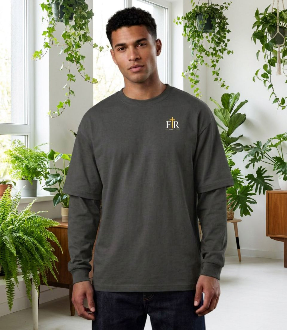 Faith Real Apparel Monogram Oversized Layered T-Shirt, Minimalist Christian Logo Tee