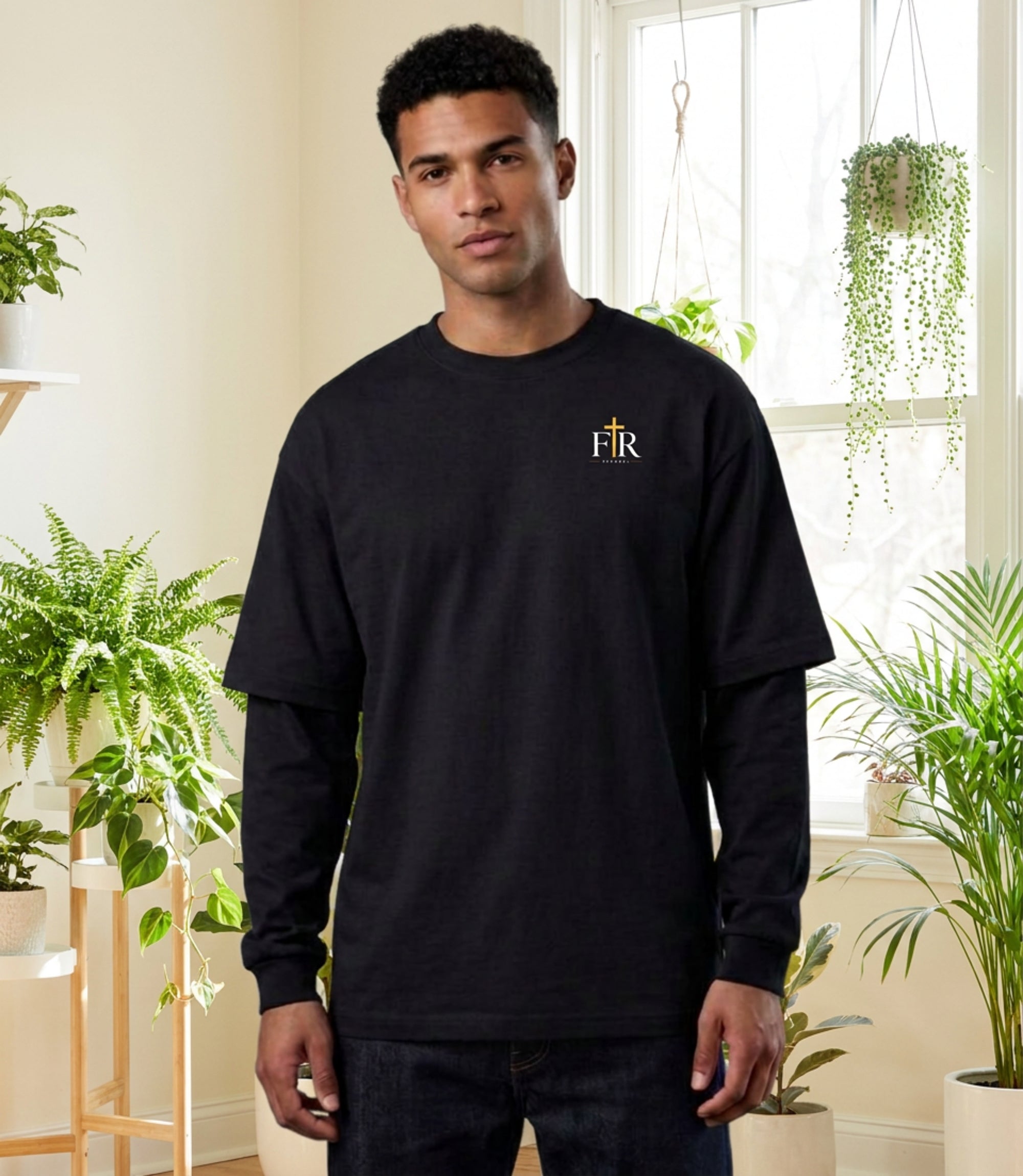 Faith Real Apparel Monogram Oversized Layered T-Shirt, Minimalist Christian Logo Tee