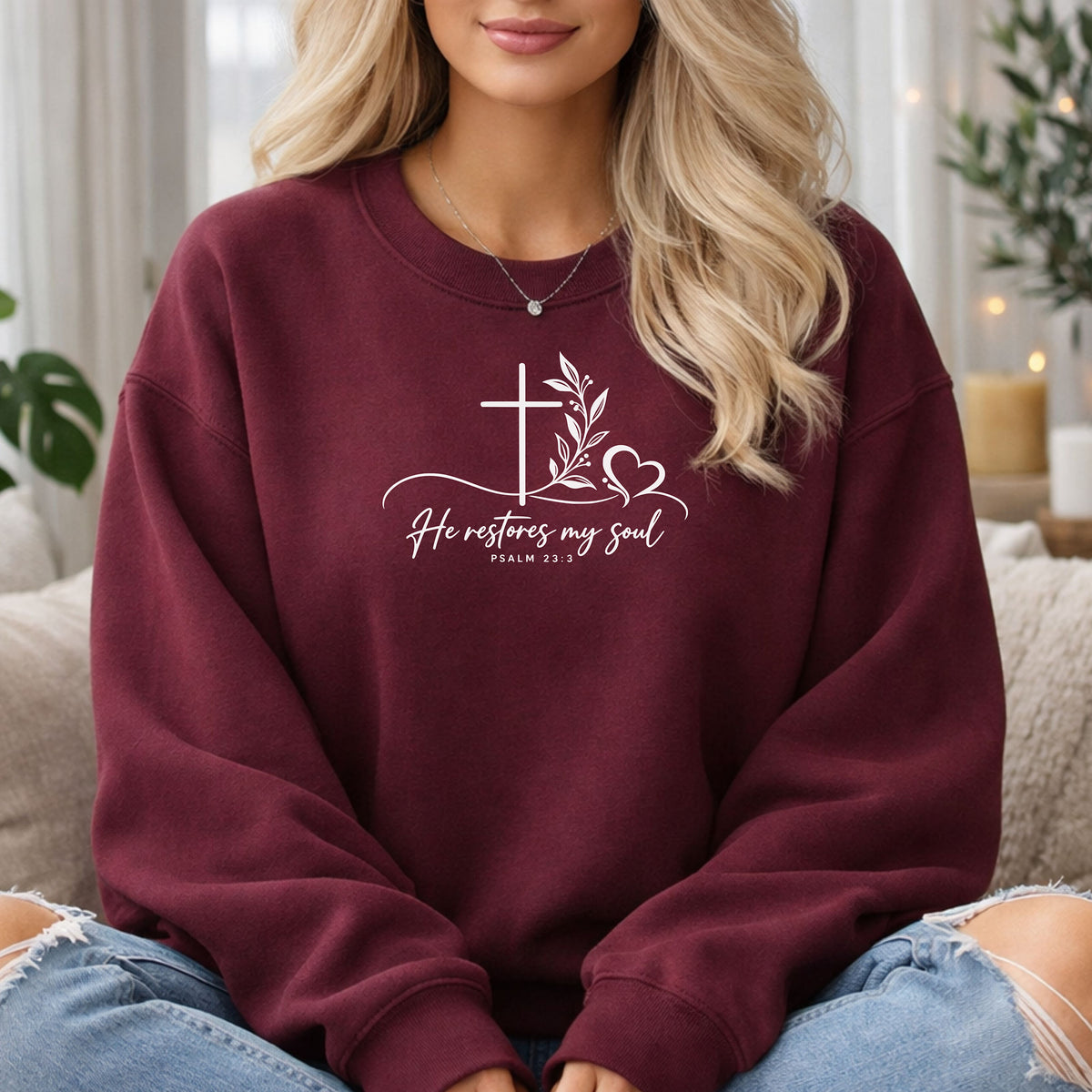 He Restores My Soul Christian Sweatshirt | Psalm 23:3