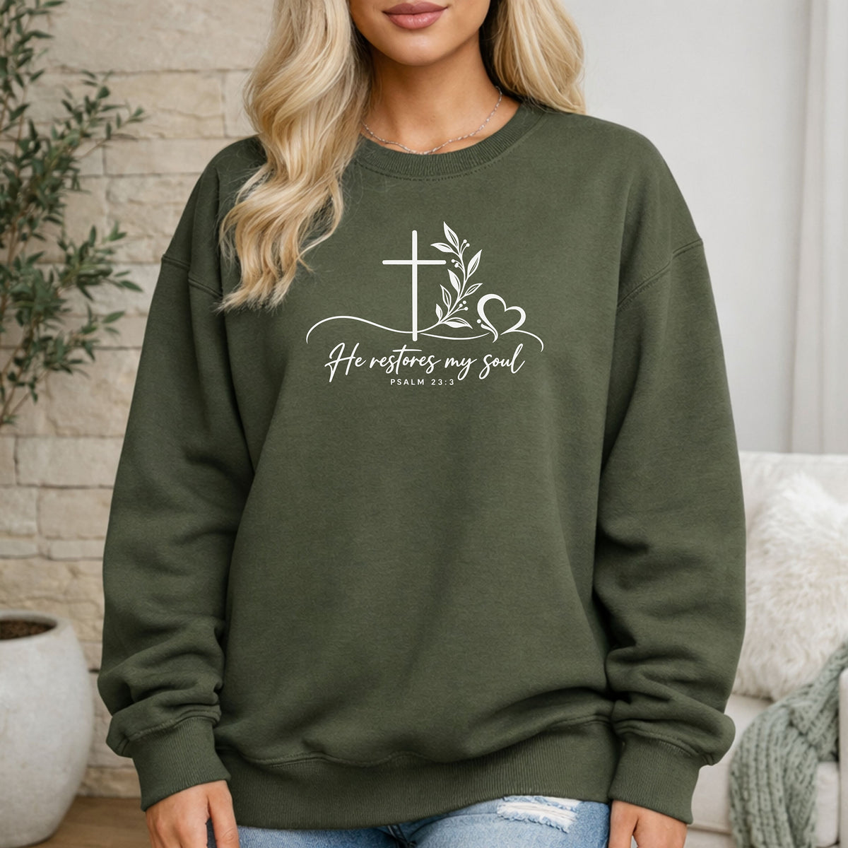 He Restores My Soul Christian Sweatshirt | Psalm 23:3