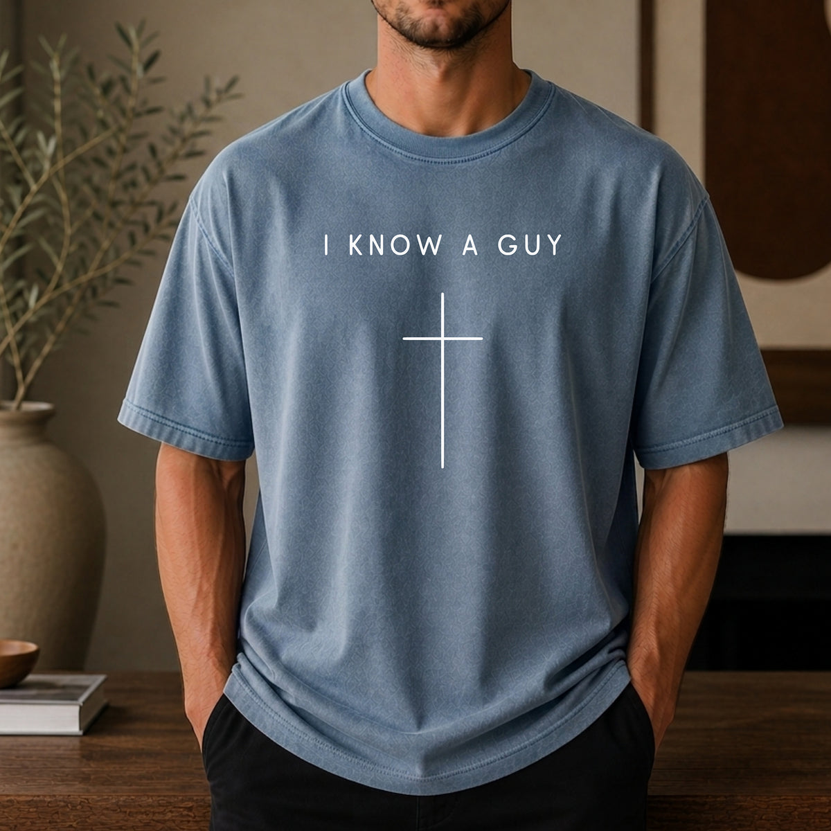 I Know a Guy Christian T-Shirt, Minimalist Cross Faith Graphic Tee