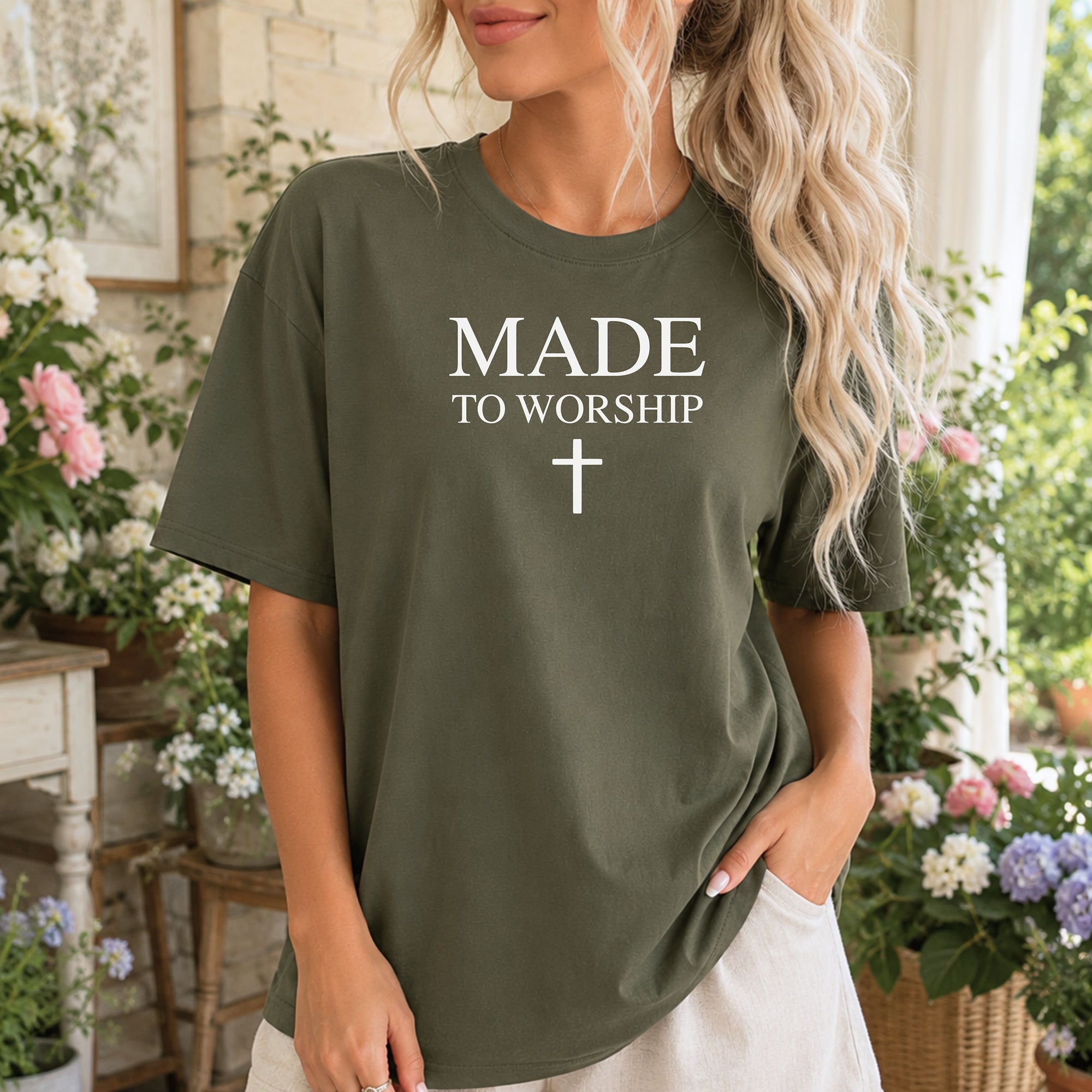 Made to Worship Christian Cross T-Shirt, Psalm 95:1