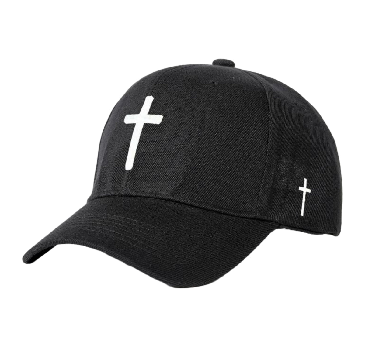 A black baseball cap featuring a white Christian cross embroidered on the front and a smaller cross on the side, shown against a plain white background.