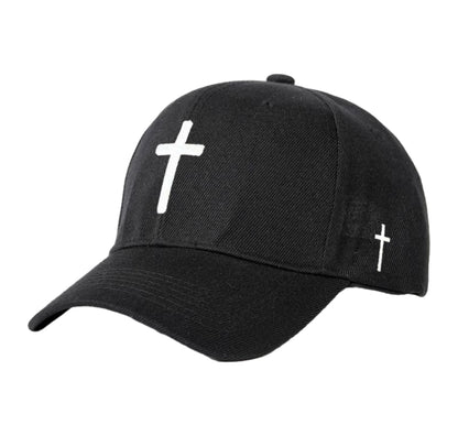 A black baseball cap featuring a white Christian cross embroidered on the front and a smaller cross on the side, shown against a plain white background.